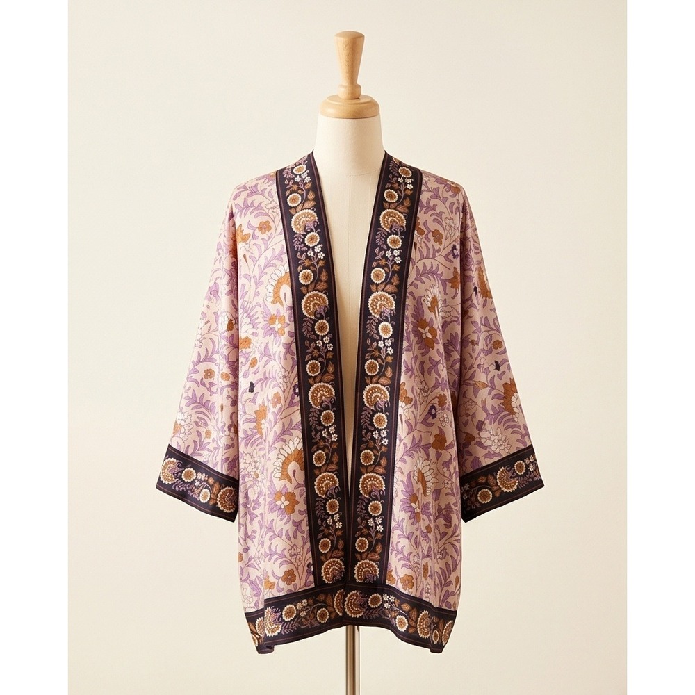 J Jill One Size Fits Most Floral Print Kimono Jacket Women S-M-L Purple Brown - Picture 2 of 9